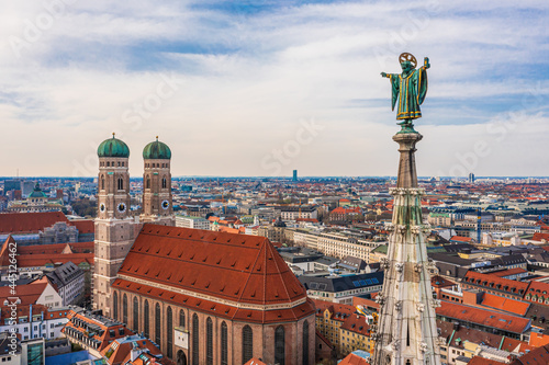 Aerial view of Munich: Muenchner Kindl on top of the New Town Hall and Frauenkirche photo