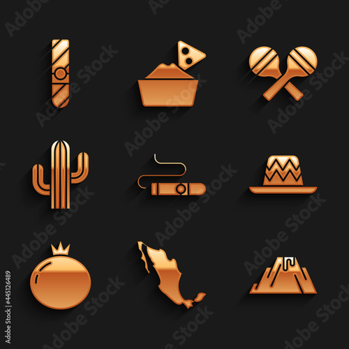 Set Cigar, Map of mexican, Volcano eruption with lava, Mexican sombrero, Tomato, Cactus, Maracas and icon. Vector