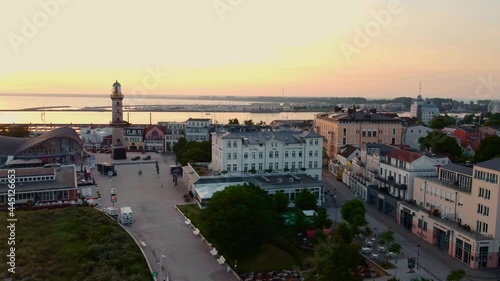 lighthouse in Warnemuende Rostock. aerial view from the drone. Aerial view from the drone. view from above to rostock warnemuende