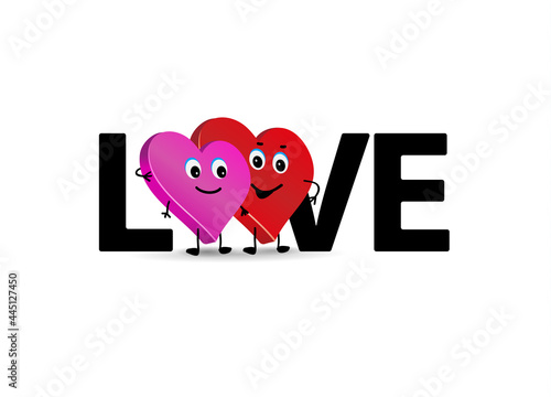 Word Love and couple. Two loving hearts couple. Cute characters of lovers.