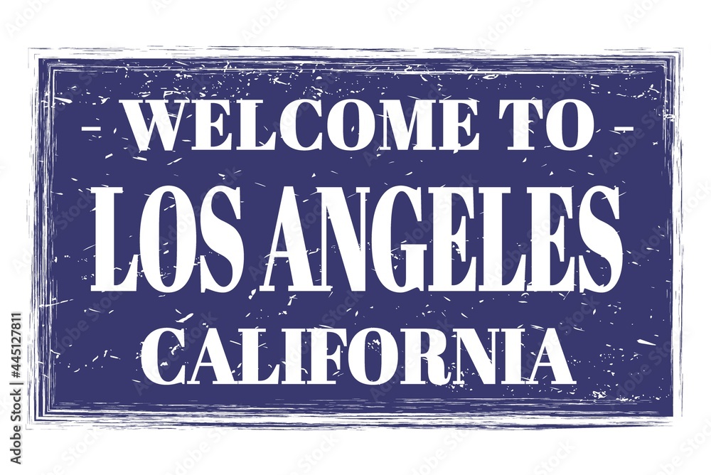 WELCOME TO LOS ANGELES - CALIFORNIA, words written on blue stamp WELCOME TO LOS ANGELES - CALIFORNIA, words written on blue stamp