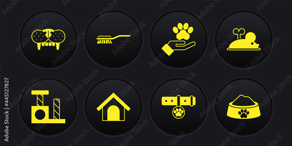 Set Cat scratching post, Clockwork mouse, Dog house, Collar with name tag, Hands animals footprint, Hair brush for dog cat, Pet food bowl and tooth icon. Vector Set Cat scratching post, Clockwork mouse, Dog house, Collar with name tag, Hands animals footprint, Hair brush for dog cat, Pet food bowl and tooth icon. Vector