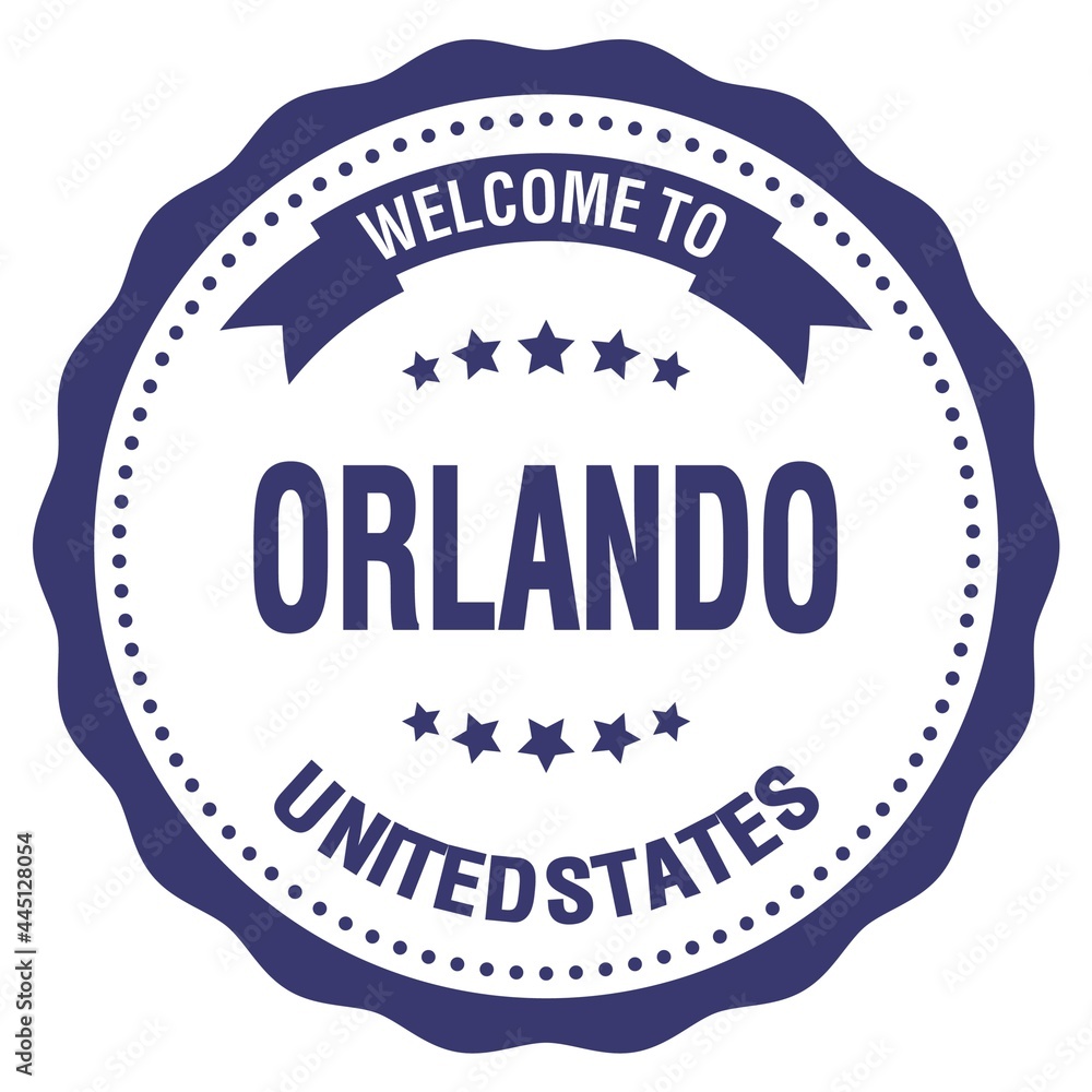 WELCOME TO ORLANDO - UNITED STATES, words written on blue stamp WELCOME TO ORLANDO - UNITED STATES, words written on blue stamp