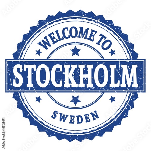 Photography WELCOME TO STOCKHOLM - SWEDEN, words written on blue stamp