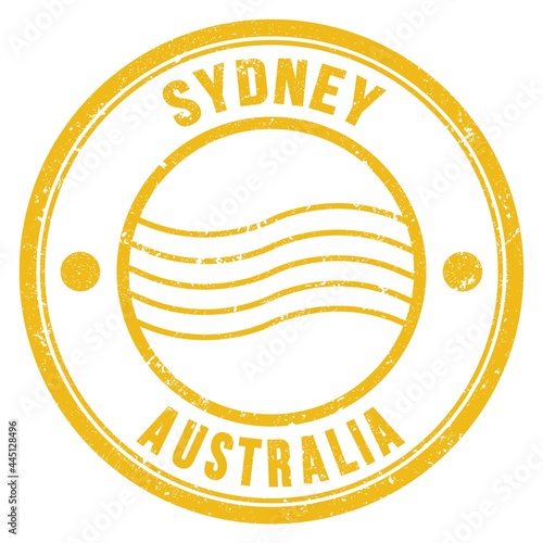 Photography SYDNEY - AUSTRALIA, words written on yellow postal stamp