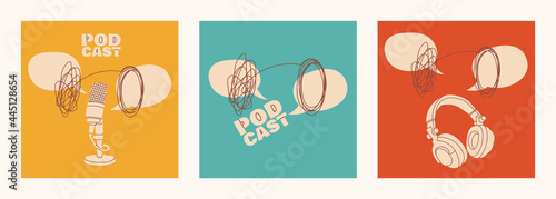 Psychology online. Set of cover templates for podcast shows. Podcasts or broadcasts of a psychologist or psychotherapist. Colored vector illustrations.