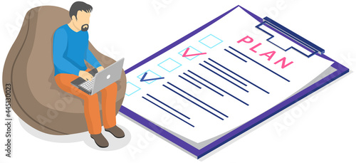 Man with laptop is looking at to-do list paper. Employee is analysing his plan for week. Male character planning schedule, to-do list for day. Person works on computer and plans schedule, plan