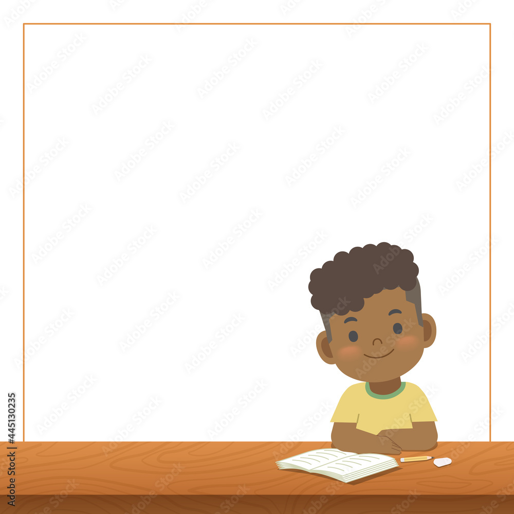 blank banner text box freame and a black boy study on the desk, illustration vector. Education Concept.