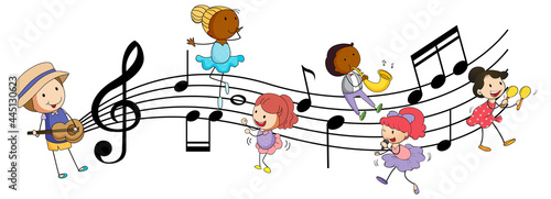 Musical melody symbols with many doodle kids cartoon character
