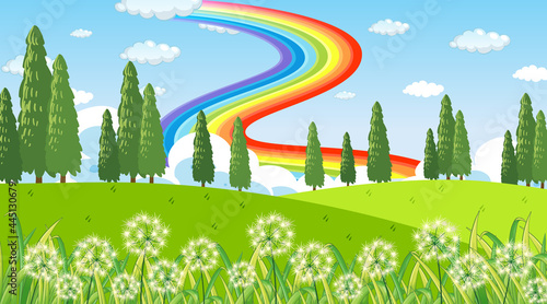 Nature park scene background with rainbow in the sky