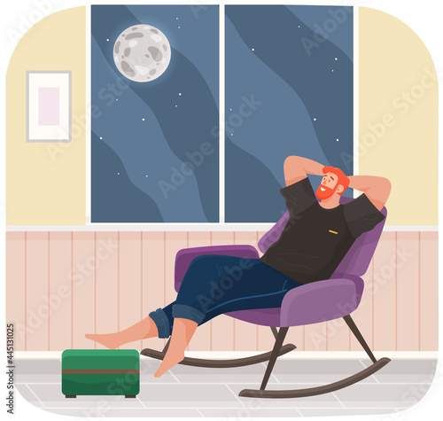 Man lying on sofa in apartment. Happy young guy relaxing, dreaming. Rest on couch and think about something. Home leisure. Male character lies on divan and smiles, enjoying time at home after work