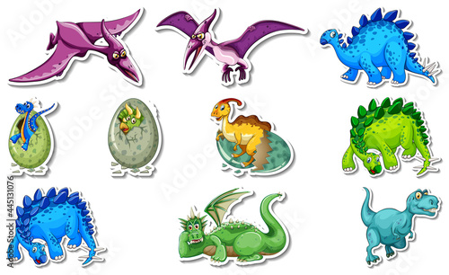Sticker set with different types of dinosaurs cartoon characters