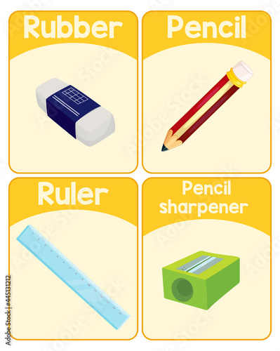 Educational English word card of stationery set