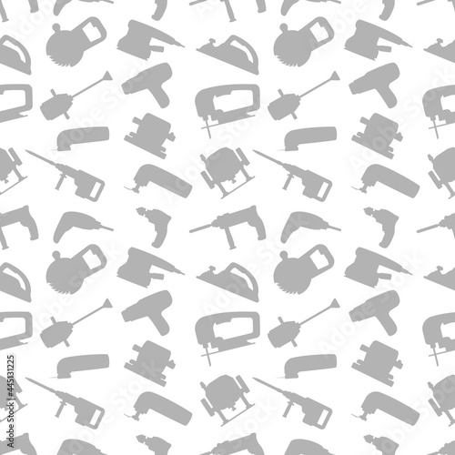 Vector seamless repeating pattern and background with industrial power tools icons. Light gray silhouettes. For website background, package design, store window design and signboard also other ideas.