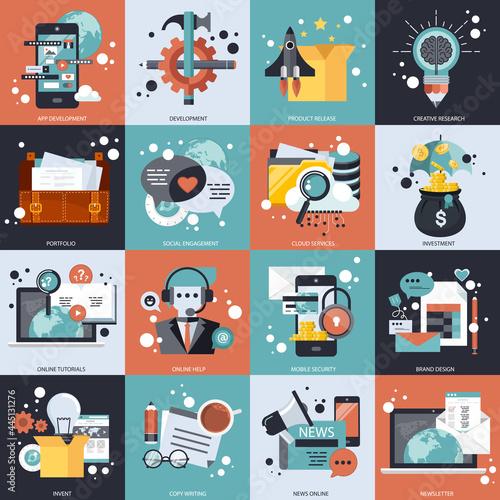 Business and technology icon set for websites and mobile applications. Flat vector illustration