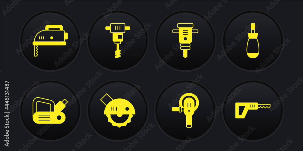 Set Electric planer tool, Screwdriver, circular saw, Angle grinder, Construction jackhammer, Electrical hand concrete mixer, Reciprocating and jigsaw icon. Vector Set Electric planer tool, Screwdriver, circular saw, Angle grinder, Construction jackhammer, Electrical hand concrete mixer, Reciprocating and jigsaw icon. Vector
