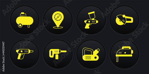 Set Electric cordless screwdriver, Angle grinder, drill machine, planer tool, Paint spray gun, Circular saw blade, jigsaw and Air compressor icon. Vector