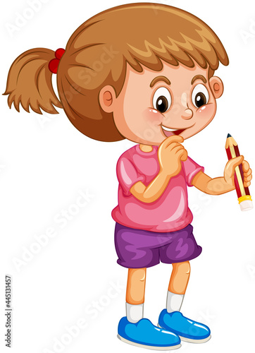 Happy girl cartoon character holding a pencil