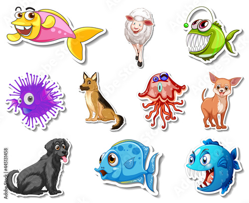 Set of stickers with sea animals and dogs cartoon character
