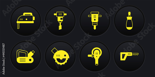 Set Electric planer tool, Screwdriver, circular saw, Angle grinder, Construction jackhammer, Electrical hand concrete mixer, Reciprocating and jigsaw icon. Vector