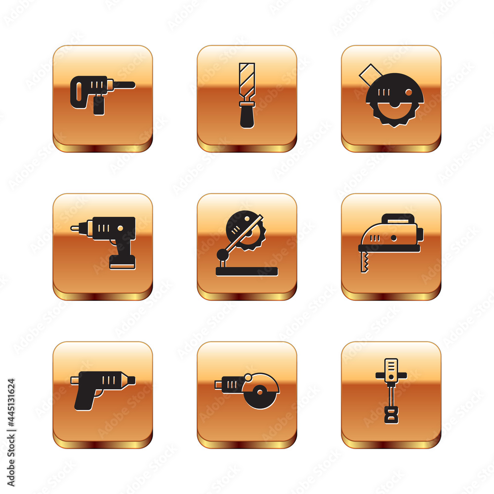 Set Electric drill machine, cordless screwdriver, Angle grinder, Table saw for woodwork, circular, Electrical hand concrete mixer and Rasp metal file icon. Vector Set Electric drill machine, cordless screwdriver, Angle grinder, Table saw for woodwork, circular, Electrical hand concrete mixer and Rasp metal file icon. Vector