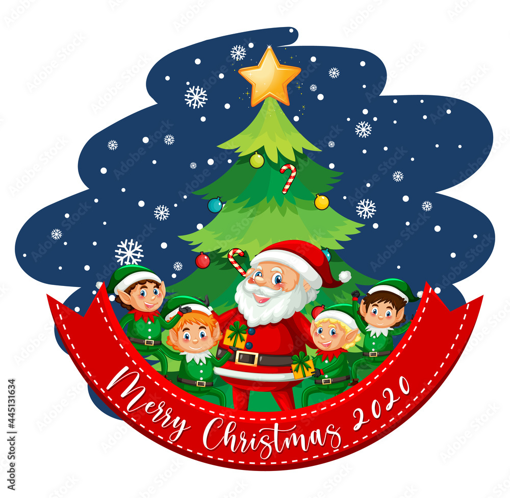 Merry Christmas 2020 font with Santa Claus cartoon character