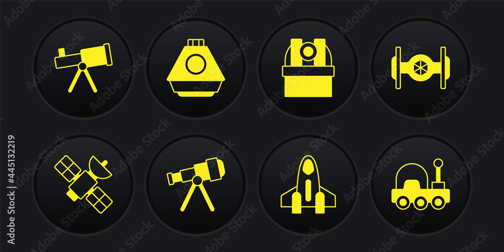 Set Satellite, Cosmic ship, Telescope, Rocket, Astronomical observatory, Space capsule, Mars rover and icon. Vector Set Satellite, Cosmic ship, Telescope, Rocket, Astronomical observatory, Space capsule, Mars rover and icon. Vector