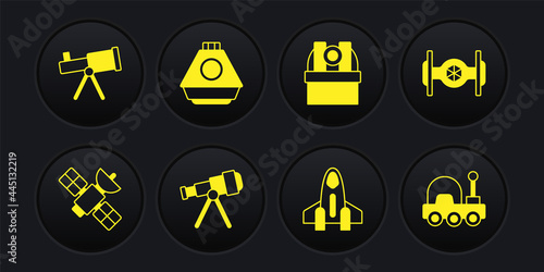 Set Satellite, Cosmic ship, Telescope, Rocket, Astronomical observatory, Space capsule, Mars rover and icon. Vector