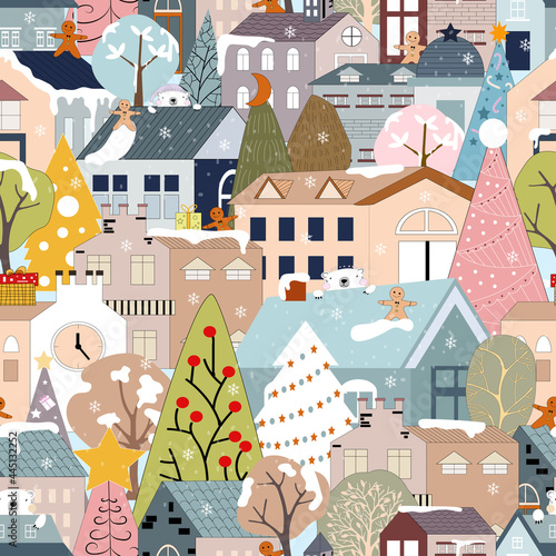 Seamless pattern winter wonderland, Cute Christmas landscape in the town with fairy tale houses,Ginger bread man, polar bear,Christmas trees with decorations on holiday eve. Vector Holiday background