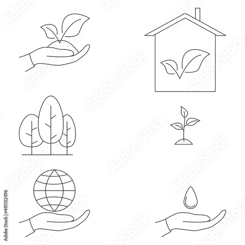 Экология иконки в линейном стиле. Ecology set of icons in a linear style. Sprout, drop of water, planet, house, trees, palm.
