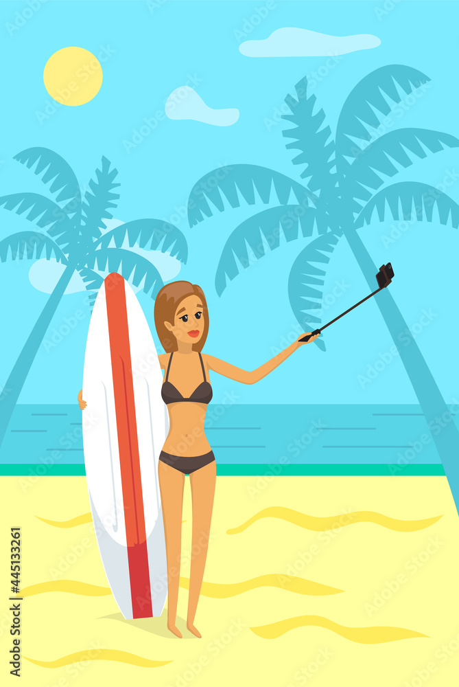 Girl is having summer vacation and surfing. Woman in swimsuit is photographed on phone camera. Lady with smartphone is posing for self portrait. Female holding surfboard is making selfie on beach