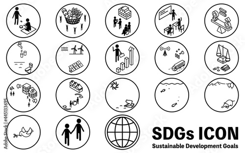 SDGs、17目標のピクトグラムアイコン、丸型白黒版