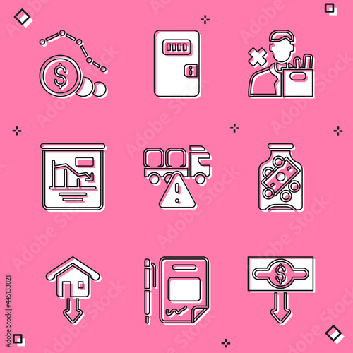 Set Dollar rate decrease, Prison cell door, Employee dismissal, Pie chart infographic, Stop delivery cargo truck, Glass money jar with coin, Falling property prices and Contract and pen icon. Vector
