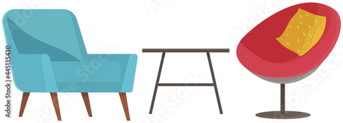 Opposing chairs in room for communication with journalist. Arrangement of furniture, comfortable chairs and table in interview room. Furniture and interior elements isolated on white background