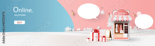 shopping online on phone with podium paper art modern pink background gifts box  illustration vector.