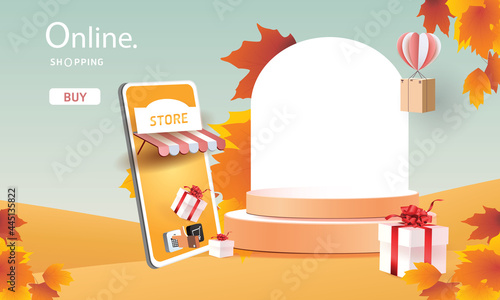 podium stage autumn season paper art colorful for show banner sale vector illustation