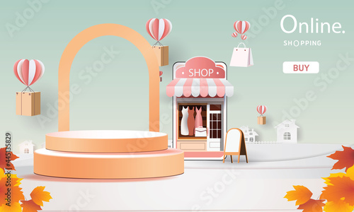 podium stage autumn season paper art colorful for show banner sale vector illustation