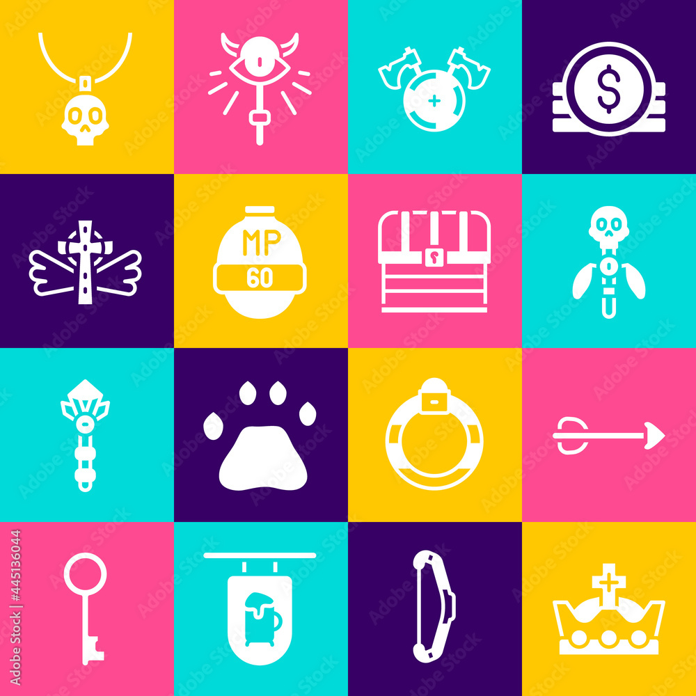Set King crown, Arrow, Magic staff, Medieval shield with axe, Video game bar, Christian cross, Necklace amulet and Chest icon. Vector Set King crown, Arrow, Magic staff, Medieval shield with axe, Video game bar, Christian cross, Necklace amulet and Chest icon. Vector
