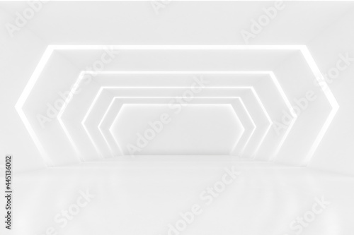 Abstract 3d rendering of empty futuristic tunnel room with light on the wall. Sci-fi concept.