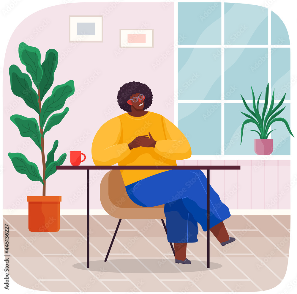 Businessman sitting on chair at table with coffee cup at home or restaurant drinking tea. Office employee resting during break. Rest time, man waiting for partner. Person sits at table in living room Businessman sitting on chair at table with coffee cup at home or restaurant drinking tea. Office employee resting during break. Rest time, man waiting for partner. Person sits at table in living room