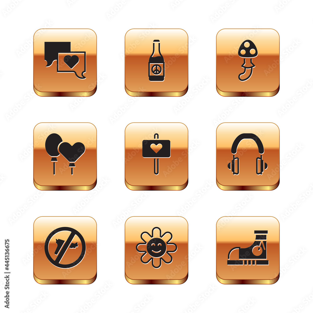 Set Speech bubble chat, No war, Flower, Peace, Balloons, Psilocybin mushroom, Sneakers and Beer bottle icon. Vector Set Speech bubble chat, No war, Flower, Peace, Balloons, Psilocybin mushroom, Sneakers and Beer bottle icon. Vector
