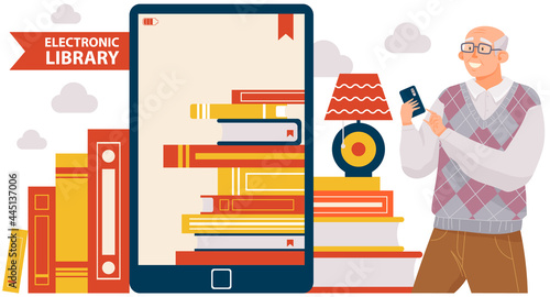 Eldery man with smartphone is using online library. Male character using mobile device in home. Old man is reading online. Person uses technology to rest. Smiling man looking at phone screen