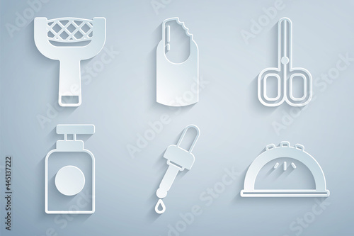 Set Pipette with oil  Nail scissors  Tube of hand cream  Manicure lamp  Broken nail and file icon. Vector