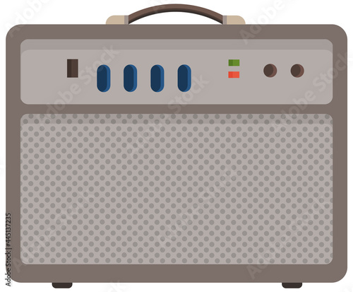 Iron radio with colorful buttons. Device for listening to audio and songs. Receiver to play sound. Device connected to antenna and used for radio reception. Radioreceiver vector illustration
