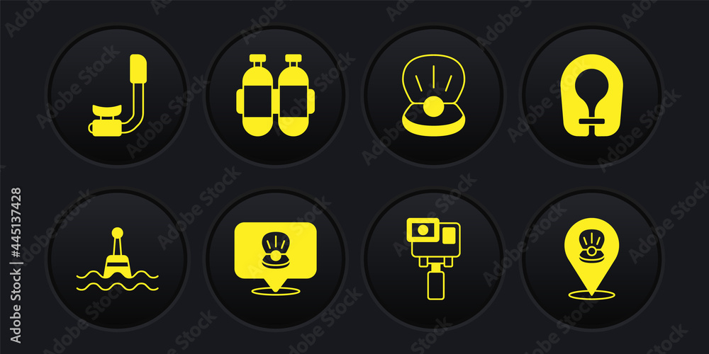 Set Floating buoy, Life jacket, Scallop sea shell, Action extreme camera, Pearl, Aqualung, and Snorkel icon. Vector Set Floating buoy, Life jacket, Scallop sea shell, Action extreme camera, Pearl, Aqualung, and Snorkel icon. Vector