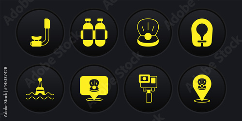 Set Floating buoy, Life jacket, Scallop sea shell, Action extreme camera, Pearl, Aqualung, and Snorkel icon. Vector