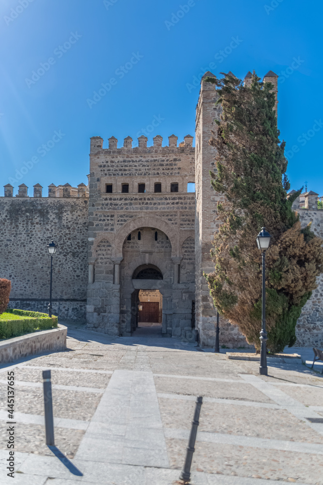View at the Puerta de Bisagra (originally Bab al-Saqra, also called Puerta de Alfonso VI) a monumental moorish main city gate entrance on Toledo fortress