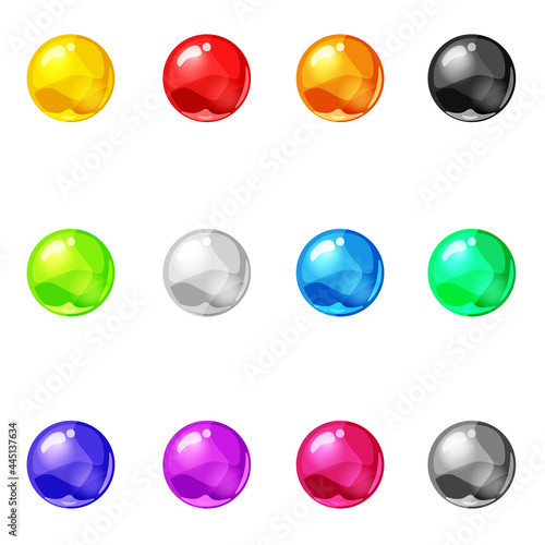 Set Balls shiny glossy colorful game asset. Magic crystal glass sphere, bubbles shot elements. Cartoon vector GUI app