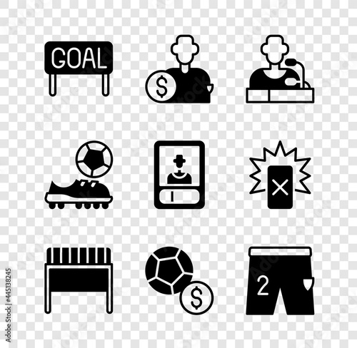 Set Goal soccer football, Buy player, Football press conference, goal, Soccer, Shorts for playing, shoes and card icon. Vector