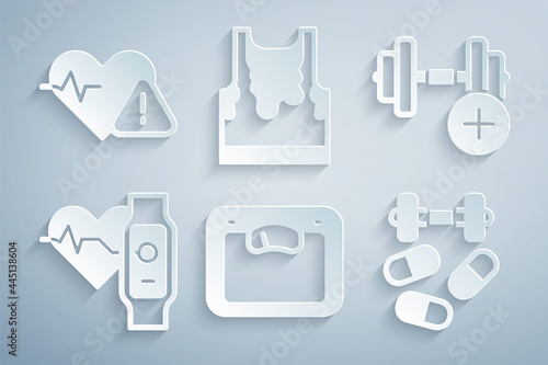 Set Bathroom scales, Dumbbell, Smart watch with heart, Sports doping dumbbell, Sweaty sleeveless t-shirt and Heart rate icon. Vector